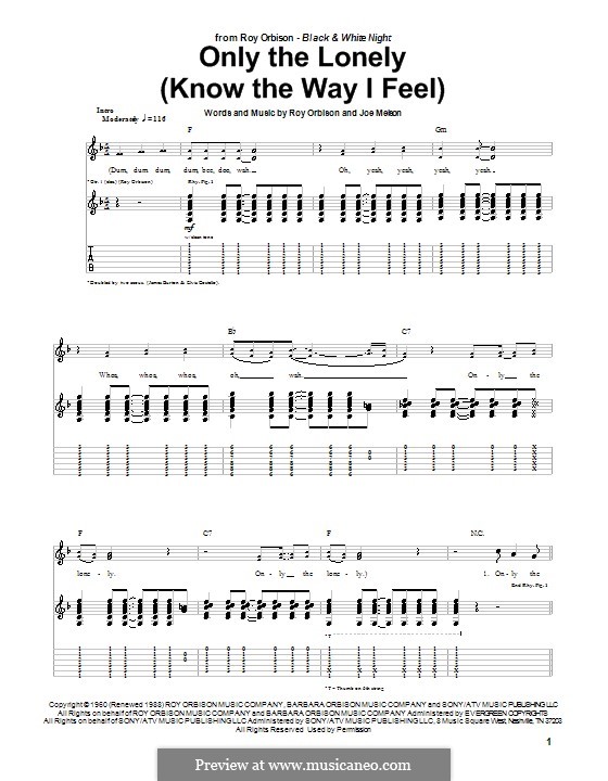 Only the Lonely (Know the Way I Feel): For guitar with tab by Joe Melson