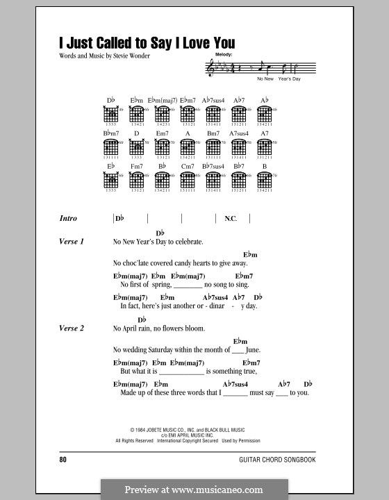 I Just Called to Say I Love You: Lyrics and chords (with chord boxes) by Stevie Wonder