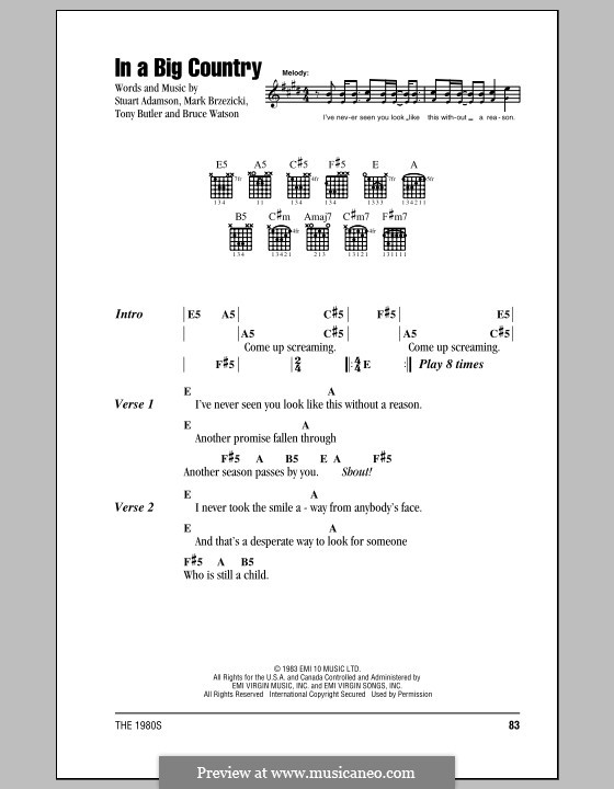 In a Big Country: Lyrics and chords (with chord boxes) by Bruce Watson, Mark Brzezicki, Stuart Adamson, Tony Butler