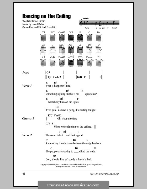 Dancing on the Ceiling (Lionel Richie): Lyrics and chords (with chord boxes) by Carlos Rios, Michael Frenchik