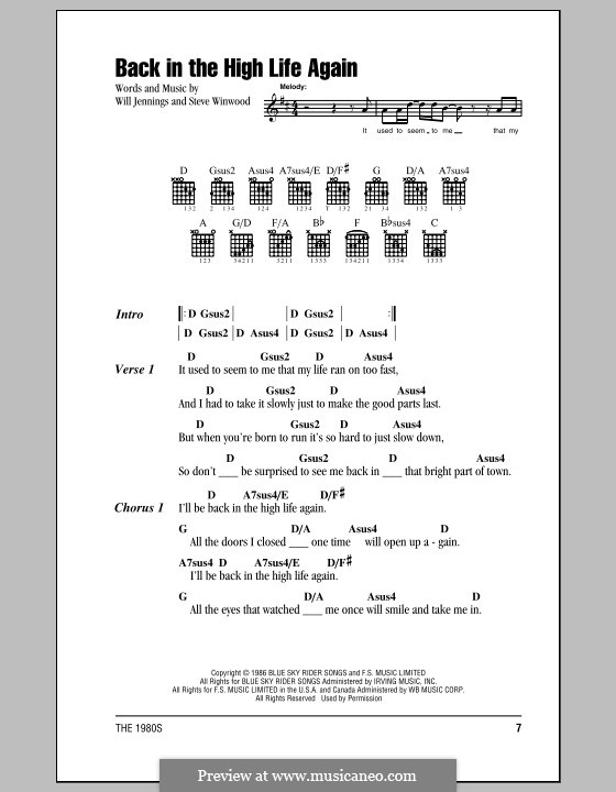 Back in the High Life Again: Lyrics and chords (with chord boxes) by Steve Winwood, Will Jennings