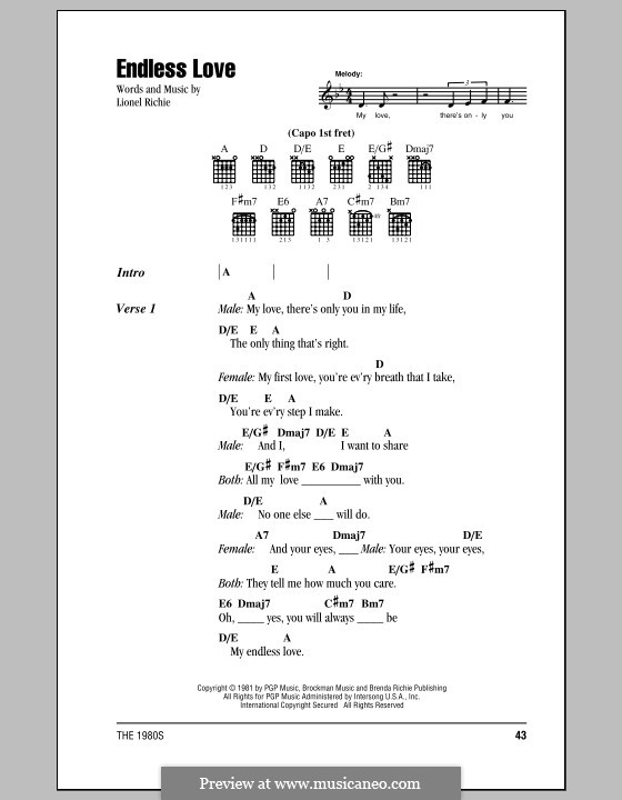 Endless Love: Lyrics and chords (with chord boxes) by Lionel Richie