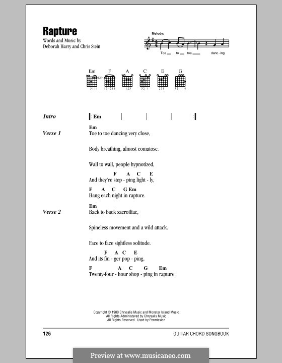 Rapture (Blondie): Lyrics and chords (with chord boxes) by Chris Stein, Deborah Harry