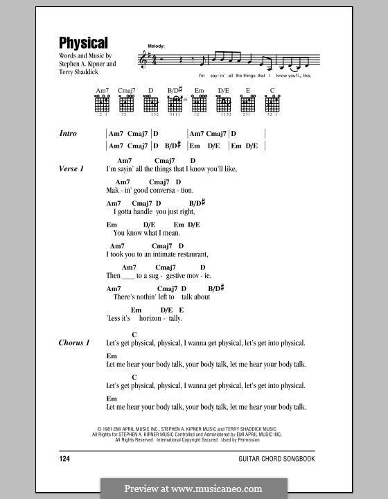 Physical (Olivia Newton-John): Lyrics and chords (with chord boxes) by Stephen Alan Kipner, Terry Shaddick