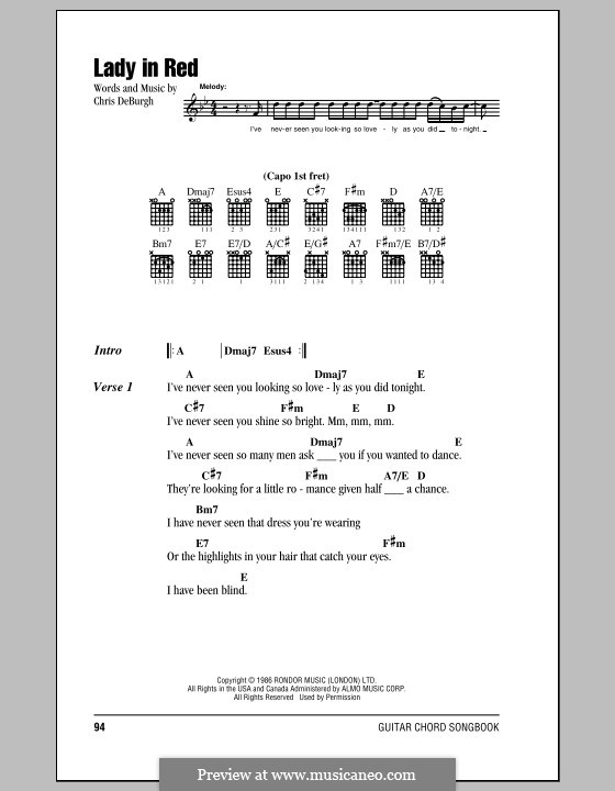 The Lady in Red: Lyrics and chords (with chord boxes) by Chris de Burgh