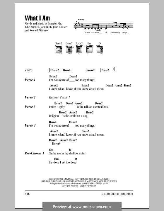 What I am (Edie Brickell): Lyrics and chords (with chord boxes) by Brandon Aly, John Bush, John Houser, Kenneth Withrow