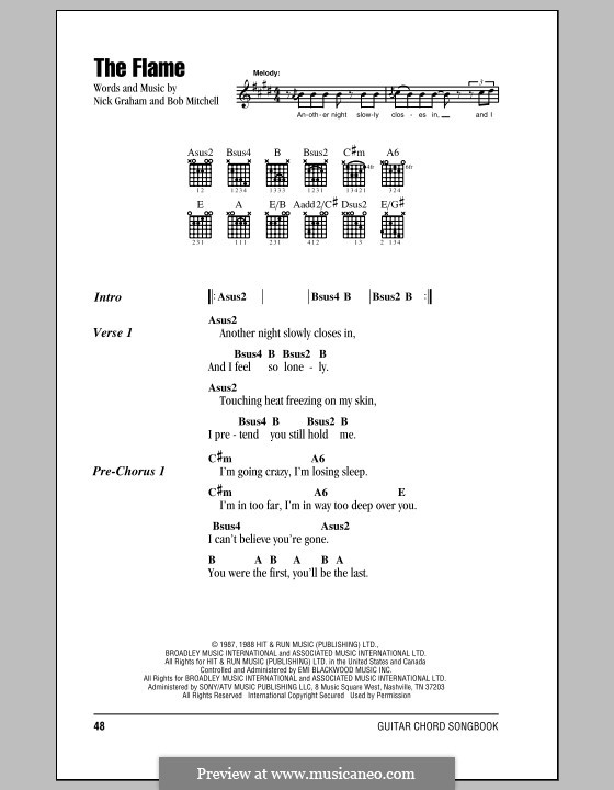 The Flame (Cheap Trick): Lyrics and chords (with chord boxes) by Bob Mitchell, Nicky Graham