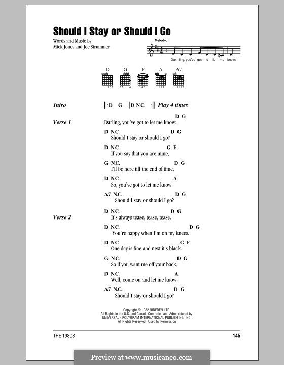 Should I Stay or Should I Go (The Clash): Lyrics and chords (with chord boxes) by Joe Strummer, Mick Jones