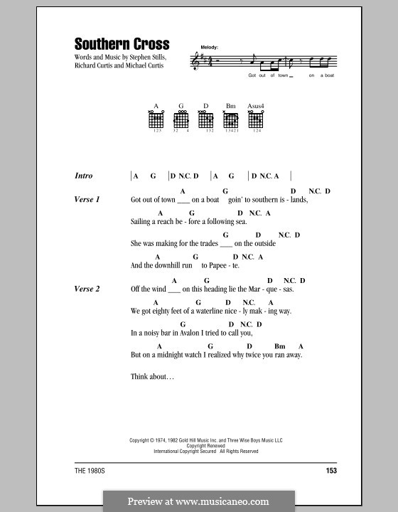 Southern Cross (Crosby, Stills & Nash): Lyrics and chords (with chord boxes) by Michael Curtis, Richard Curtis, Stephen Stills