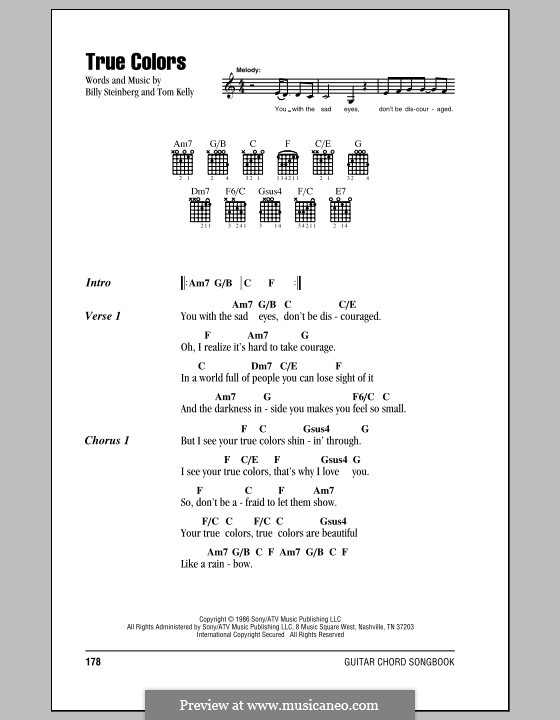 True Colors: Lyrics and chords (with chord boxes) by Billy Steinberg, Tom Kelly