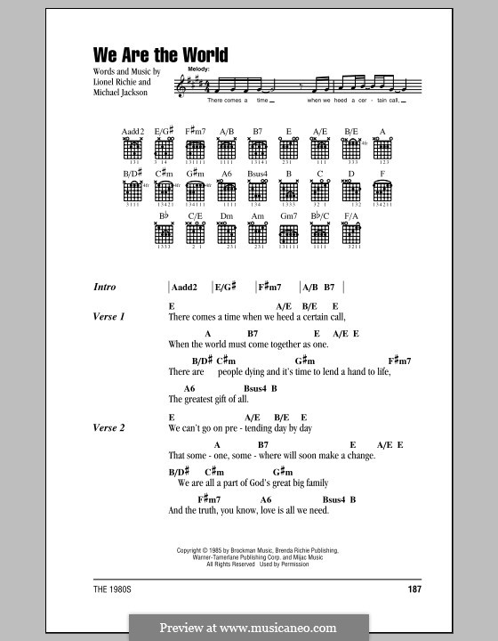 We are the World (USA for Africa): Lyrics and chords (with chord boxes) by Lionel Richie, Michael Jackson