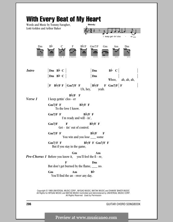 With Every Beat of My Heart (Taylor Dane): Lyrics and chords (with chord boxes) by Arthur Baker, Lotti Golden, Tommy Faragher