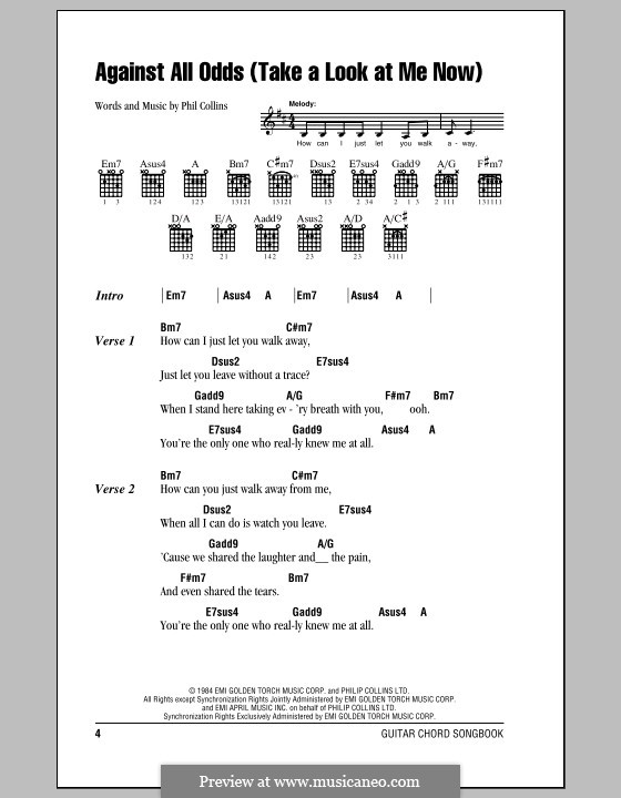 Against All Odds (Take a Look at Me Now): Lyrics and chords (with chord boxes) by Phil Collins