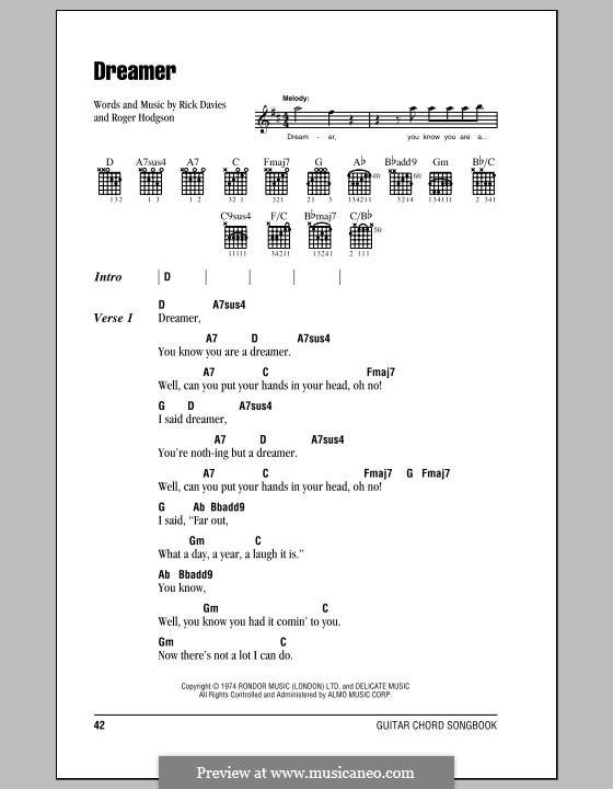Dreamer (Supertramp): Lyrics and chords (with chord boxes) by Rick Davies, Roger Hodgson