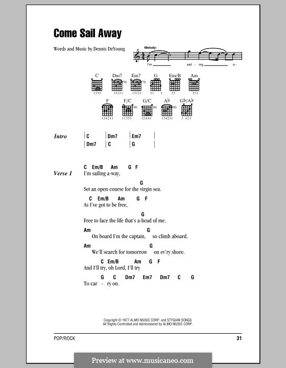 Come Sail Away (Styx): Lyrics and chords (with chord boxes) by Dennis DeYoung