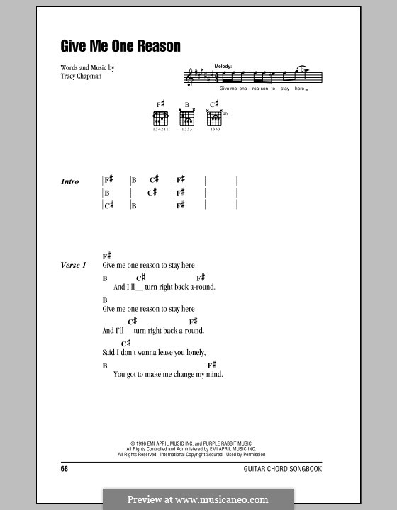 Give Me One Reason: Lyrics and chords (with chord boxes) by Tracy Chapman