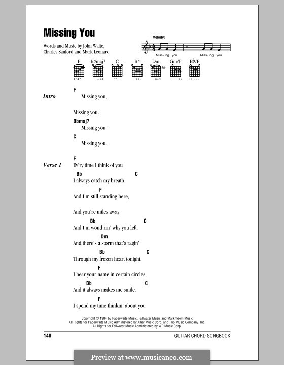 Missing You (John Waite): Lyrics and chords (with chord boxes) by Charles Sanford, Mark Leonard