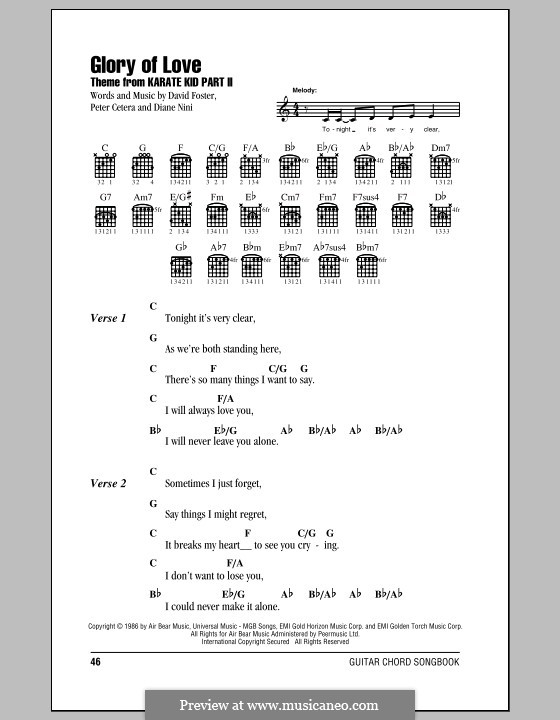 Glory of Love (Theme from Karate Kid Part II): Lyrics and chords (with chord boxes) by David Foster, Diane Nini, Peter Cetera