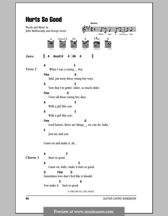 Hurts So Good (John Cougar Mellencamp): Lyrics and chords (with chord boxes) by George M. Green