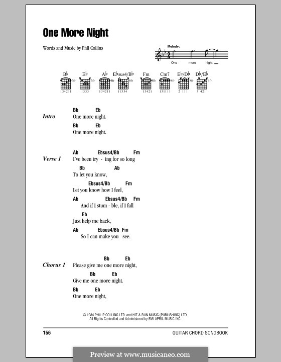 One More Night: Lyrics and chords (with chord boxes) by Phil Collins