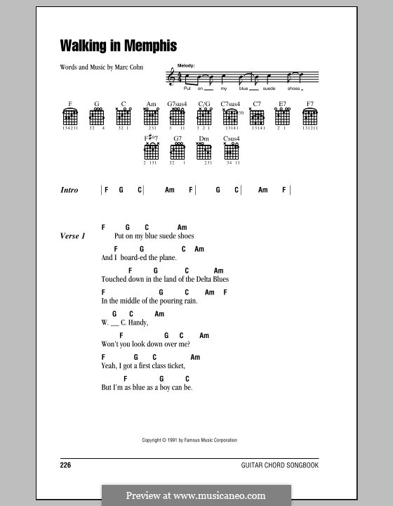 Walking in Memphis: Lyrics and chords (with chord boxes) by Marc Cohn