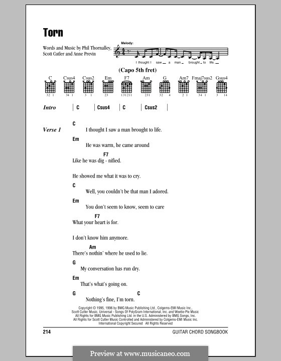 Torn (Natalie Imbruglia): Lyrics and chords (with chord boxes) by Anne Preven, Phil Thornalley, Scott Cutler