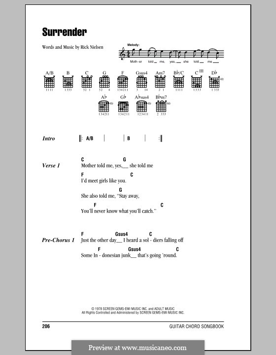 Surrender (Cheap Trick): Lyrics and chords (with chord boxes) by Rick Nielsen