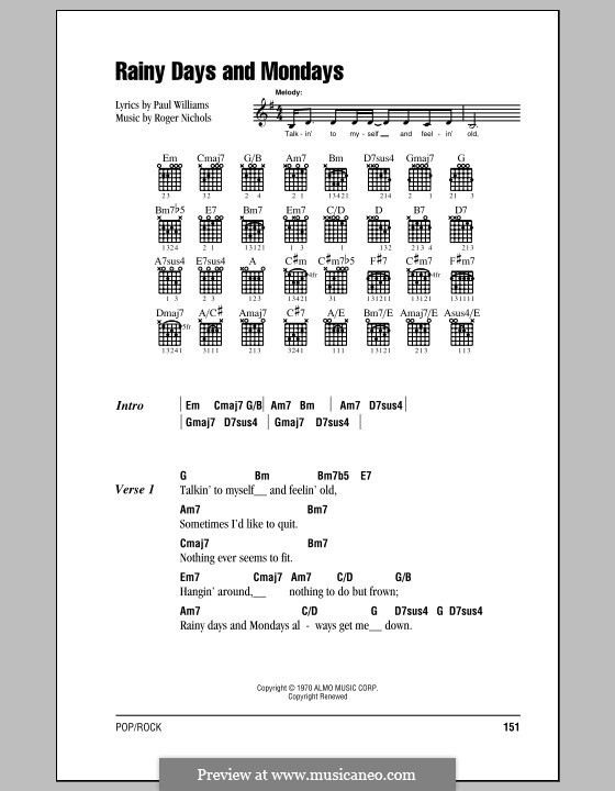 Rainy Days and Mondays (Carpenters): Lyrics and chords (with chord boxes) by Paul H. Williams, Roger Nichols