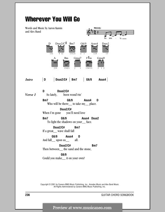 Wherever You Will Go (The Calling): Lyrics and chords (with chord boxes) by Aaron Kamin, Alex Band