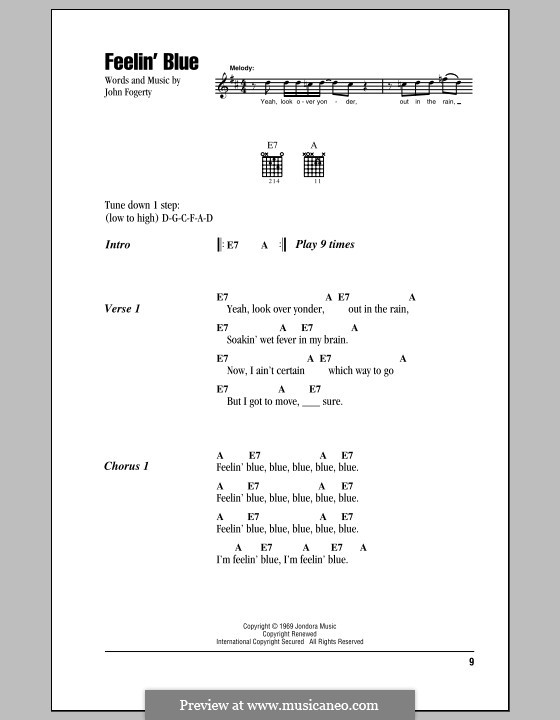 Feelin' Blue: Lyrics and chords (with chord boxes) by John C. Fogerty