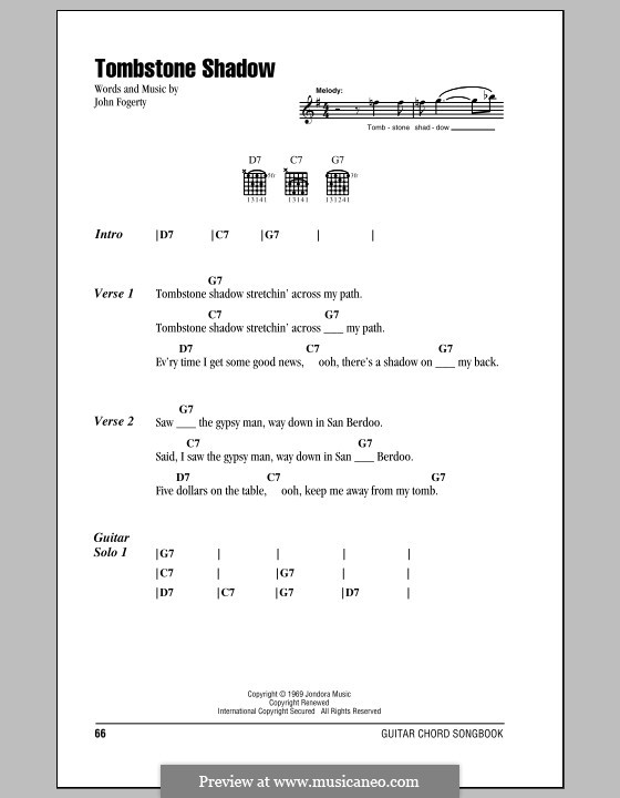 Tombstone Shadow (Creedence Clearwater Revival): Lyrics and chords (with chord boxes) by John C. Fogerty