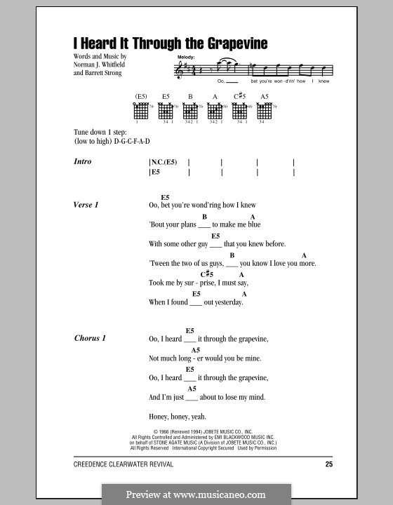 I Heard it Through the Grapevine: Lyrics and chords (Creedence Clearwater Revival) by Barrett Strong, Norman J. Whitfield