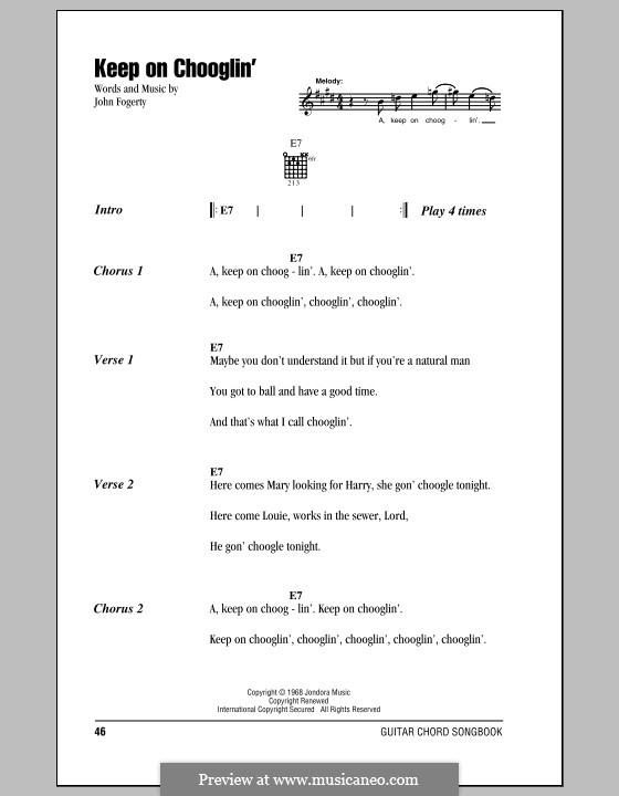 Keep on Chooglin' (Creedence Clearwater Revival): Lyrics and chords (with chord boxes) by John C. Fogerty