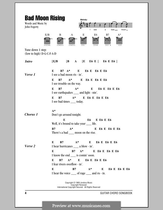 Bad Moon Rising (Creedence Clearwater Revival): Lyrics and chords (with chord boxes) by John C. Fogerty