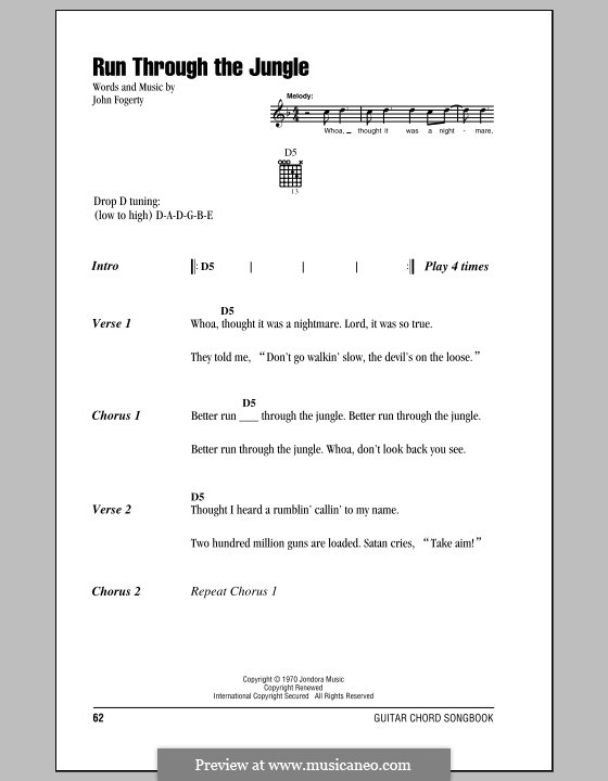 Run Through the Jungle (Creedence Clearwater Revival): Lyrics and chords (with chord boxes) by John C. Fogerty