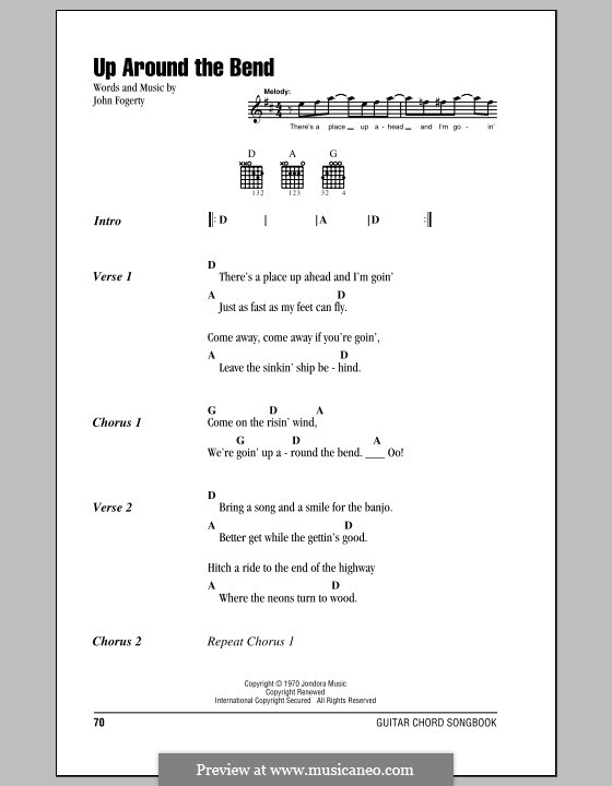 Up Around the Bend (Creedence Clearwater Revival): Lyrics and chords (with chord boxes) by John C. Fogerty