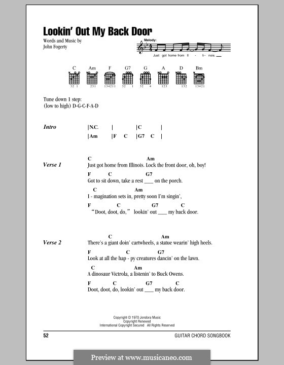 Lookin' Out My Back Door (Creedence Clearwater Revival): Lyrics and chords (with chord boxes) by John C. Fogerty