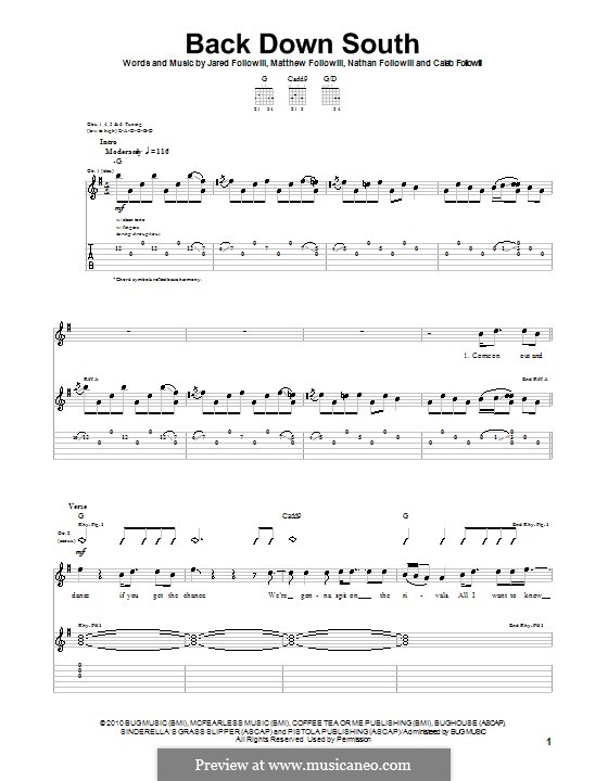 Back Down South (Kings of Leon): For guitar with tab by Anthony Caleb Followill, Jared Followill, Matthew Followill, Nathan Followill