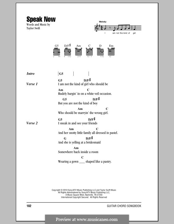 Speak Now: Lyrics and chords (with chord boxes) by Taylor Swift