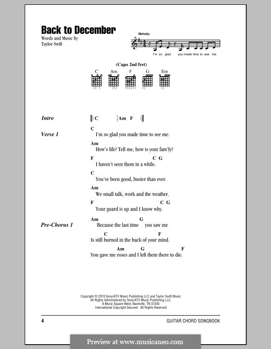 Back to December: Lyrics and chords (with chord boxes) by Taylor Swift