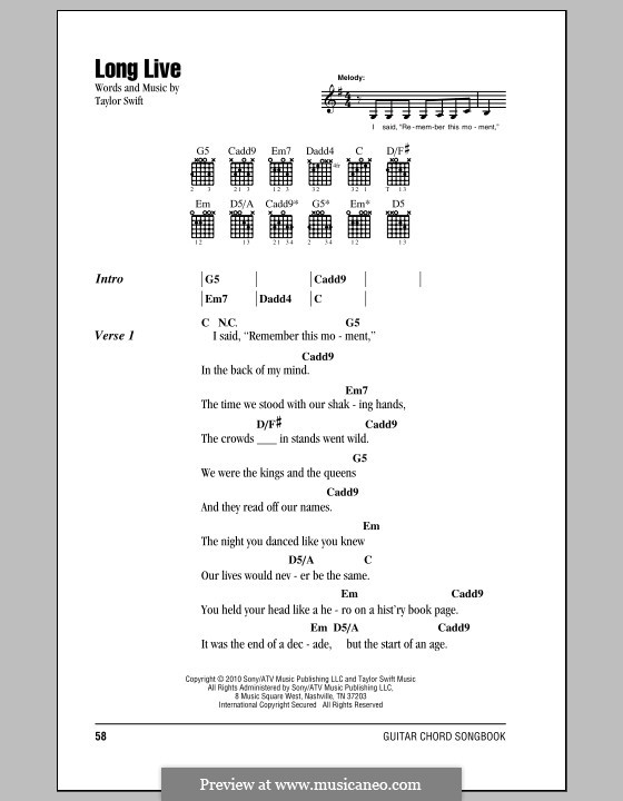 Long Live: Lyrics and chords (with chord boxes) by Taylor Swift