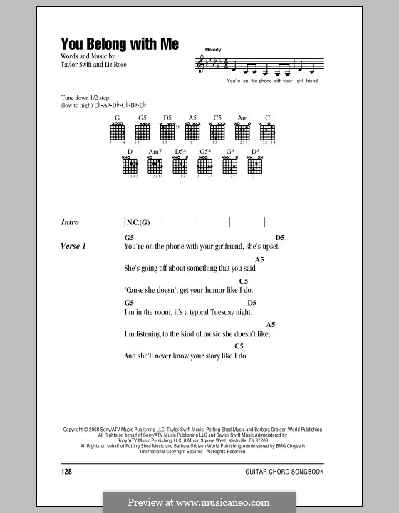 You Belong with Me (Taylor Swift): Lyrics and chords (with chord boxes) by Liz Rose