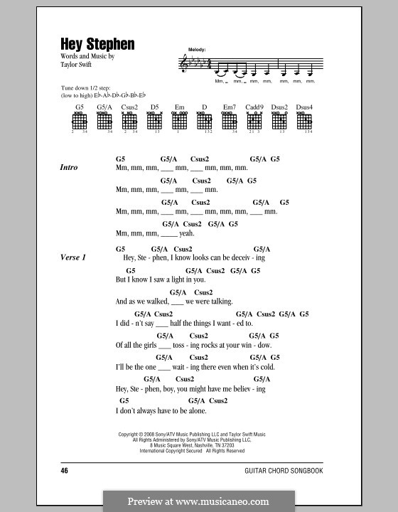 Hey Stephen: Lyrics and chords (with chord boxes) by Taylor Swift