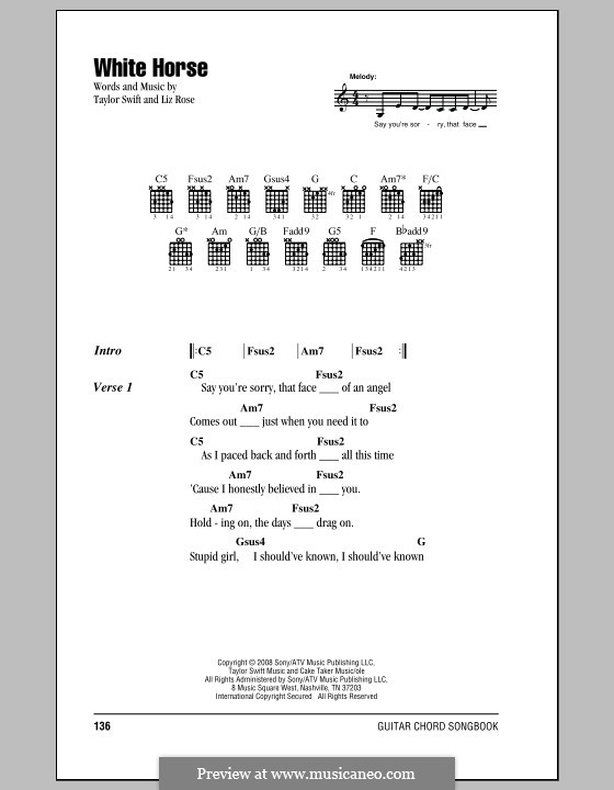 White Horse (Taylor Swift): Lyrics and chords (with chord boxes) by Liz Rose