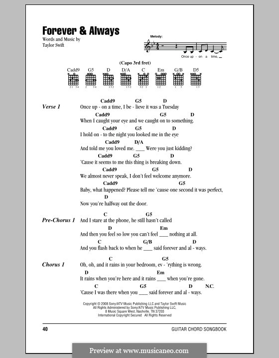 Forever and Always: Lyrics and chords (with chord boxes) by Taylor Swift