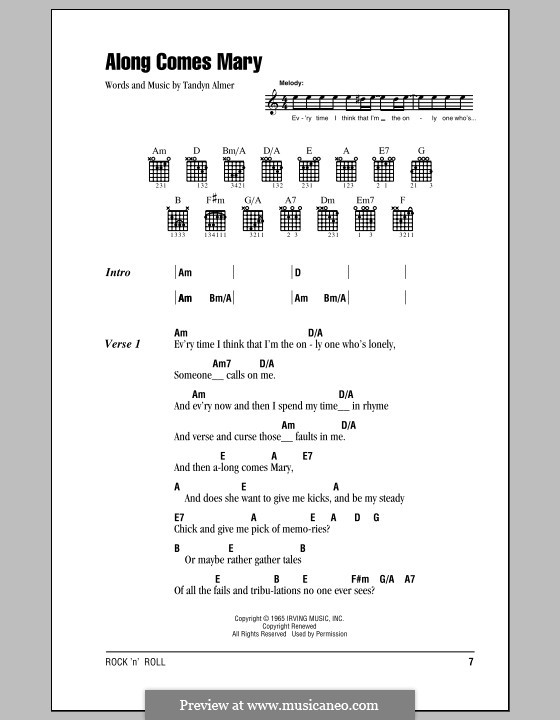 Along Comes Mary (The Association): Lyrics and chords by Tandyn Almer