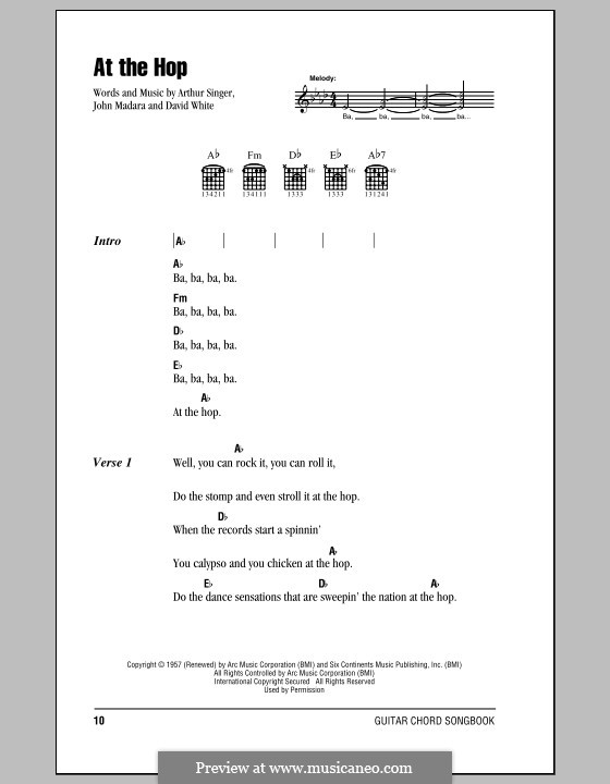 At the Hop (Danny & The Juniors): Lyrics and chords by Arthur Singer, David White, John Medora