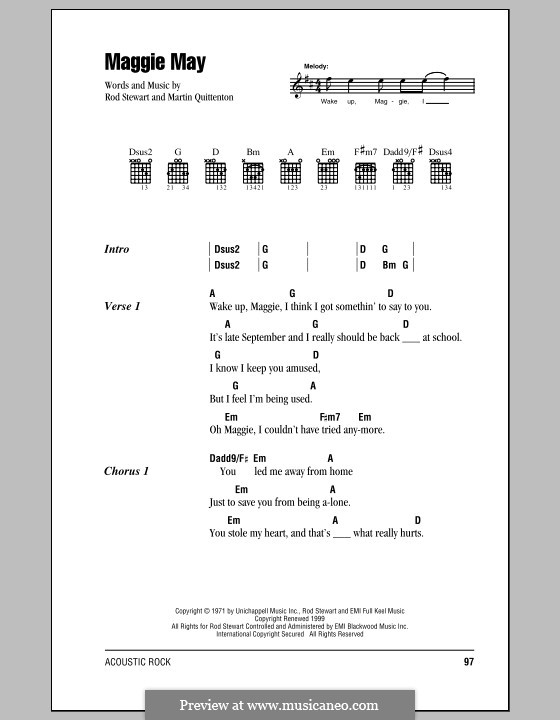 Maggie May: Lyrics and chords by Martin Quittenton, Rod Stewart