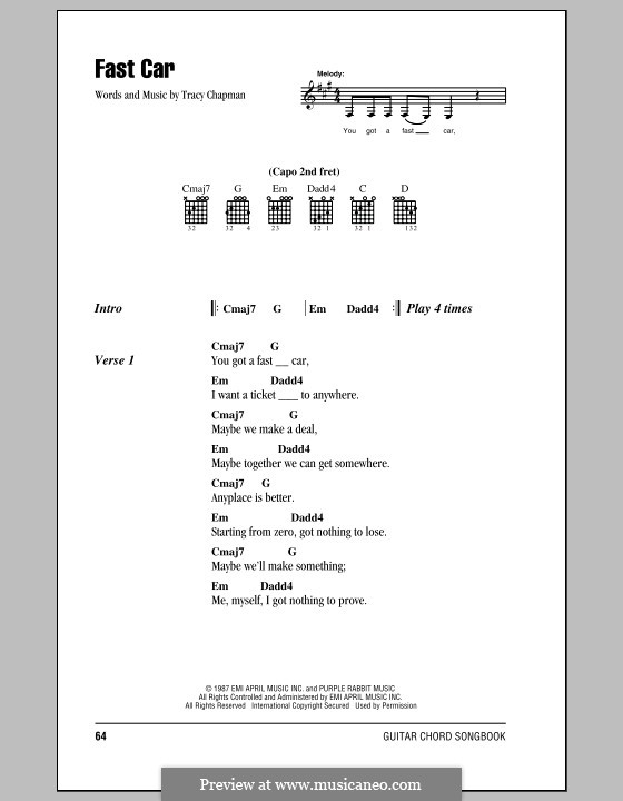 Fast Car: Lyrics and chords by Tracy Chapman