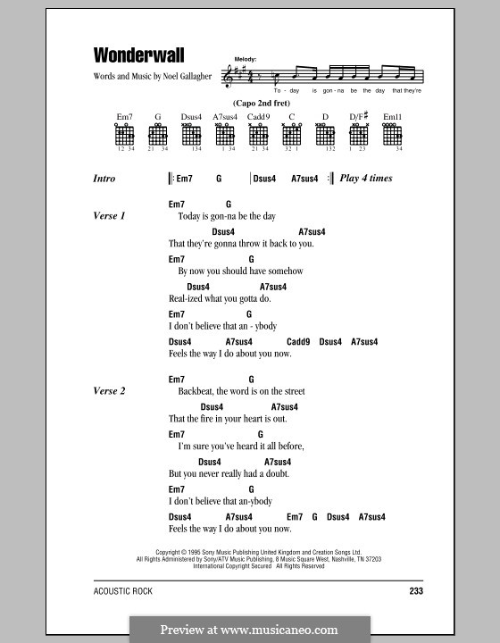 Wonderwall (Oasis): Lyrics and chords by Noel Gallagher
